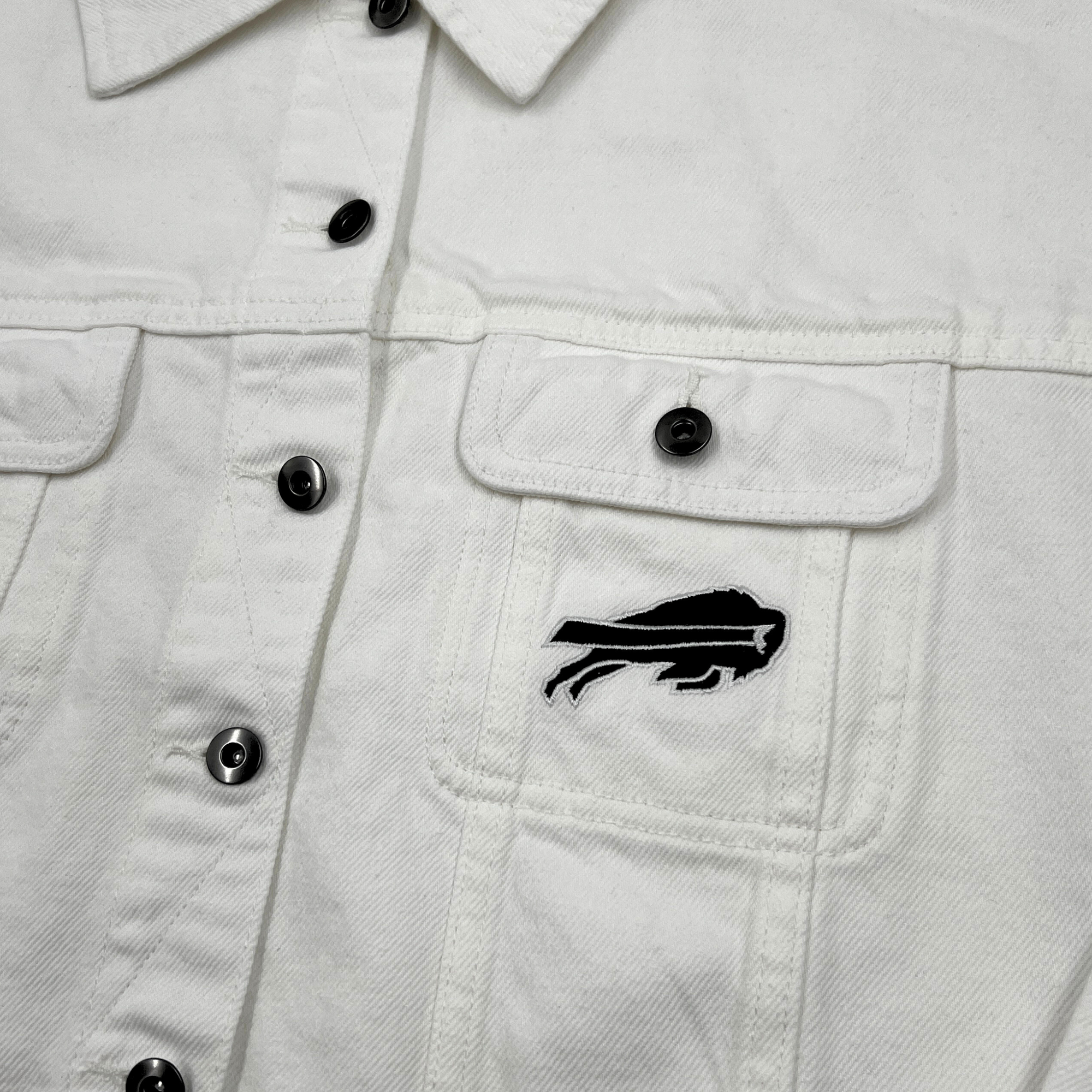 Women&#39;s Buffalo Bills Oversized Cropped White Denim Jacket