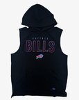 A black sleeveless hooded sweatshirt with 'BUFFALO BILLS' printed across the chest in outlined lettering, featuring a small charging buffalo logo below. A small New Era flag logo is visible near the bottom right hem, set against a plain light gray background.