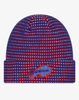 New Era Buffalo Bills 2026 Sideline Cold Weather cuffed knit hat featuring a royal blue, red, and white textured waffle-knit pattern and raised charging buffalo logo.