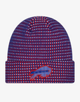 New Era Youth Buffalo Bills 2026 Sideline Cold Weather cuffed knit hat featuring a royal blue, red, and white textured waffle-knit pattern and raised charging buffalo logo.