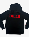 A black hooded sweatshirt shown from the back, featuring the word 'BILLS' printed in bold red letters across the upper back. The hoodie is displayed flat against a light gray background.