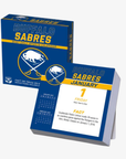 Buffalo Sabres 2027 Daily Sports Desk Calendar featuring royal blue and gold packaging, the crossed-swords logo, and a January 1 calendar page with Sabres trivia.