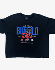 A black Buffalo Bills graphic t-shirt featuring a blue and red front print with team logos and text, displayed flat against a light gray background.