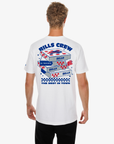 New Era Buffalo Bills white T-shirt with small front team logo and large Bills Crew graphic on back