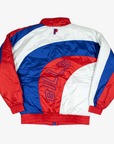 Back view of Pro Player Buffalo Bills retro colorblock windbreaker featuring sweeping royal blue, red, and white panels, oversized curved BILLS lettering, and elastic waistband.