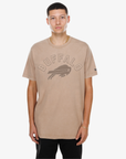 New Era Buffalo Bills tan T-shirt with arched Buffalo lettering and tonal team logo