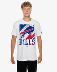 New Era Buffalo Bills white T-shirt with oversized team logo, Bills lettering and red and blue paint-splatter graphics
