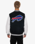 New Era Buffalo Bills black and white varsity jacket with embroidered chest details and oversized team logo on back