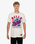New Era Buffalo Bills cream T-shirt with red and blue football player graphic