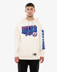 A man modeling an off-white pullover hoodie with Buffalo Bills graphics, including 'BILLS' text, on a light gray background.