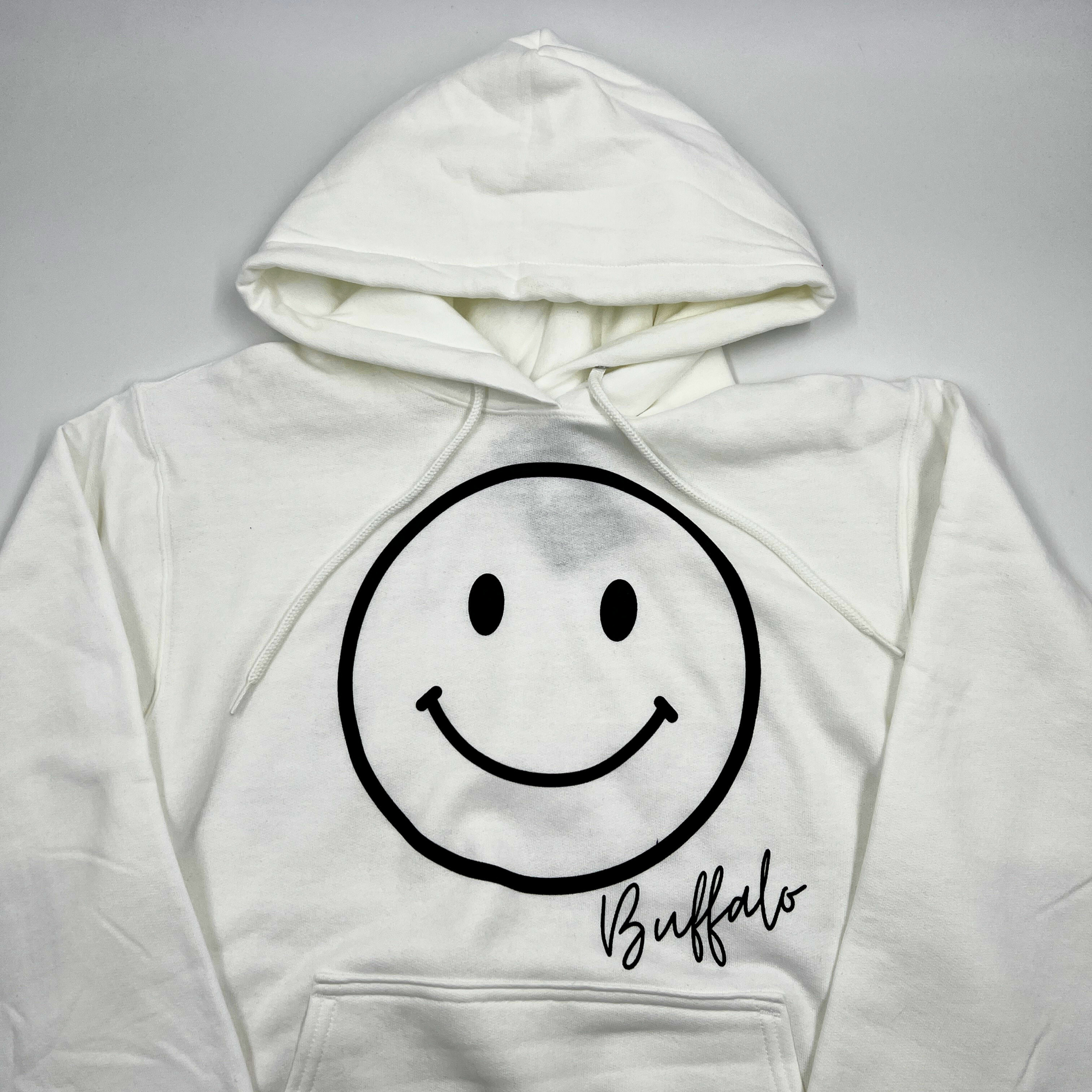 Smiley Face With Buffalo Wordmark White Hoodie