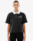 New Era Women's Buffalo Bills black rugby polo with white collar, embroidered team logo and rose detail