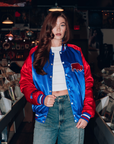 The Killers x The BFLO Store royal blue and red satin bomber jacket with standing buffalo patch