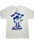 Have A Howdy Day White Short Sleeve Shirt. This shirt features a smiley face dressed up as a cowboy. written on the shirt is hey ey ey ey, buffalo, have a howdy day
