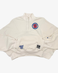 New Era women's Buffalo Bills cream quarter-zip pullover with embroidered Bills chest patch, front pocket and blue script detailing