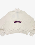 New Era women's Buffalo Bills cream cropped quarter-zip pullover with red and royal blue BUFFALO lettering across the back