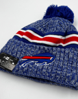 Youth New Era Bills Royal Team Stripe 2023 Sideline Pom Knit Hat