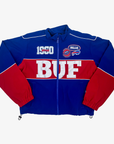 New Era women's Buffalo Bills royal blue and red full-zip jacket with white BUF lettering, 1990 graphic and Bills chest patches
