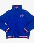 New Era Buffalo Bills royal blue full-zip warm-up jacket with embroidered charging buffalo chest logo, stand-up collar, and red and white striped trim.