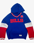 New Era Buffalo Bills royal blue V-neck pullover hoodie with red BILLS lettering, AFC patch, red and white sleeves and kangaroo pocket