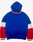 New Era Buffalo Bills royal blue pullover hoodie with red and white colorblocked sleeves, striped cuffs and attached hood
