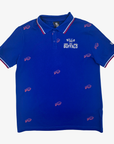 Buffalo Bills royal blue polo shirt with allover red outlined Bills logos, white chest lettering and red and white striped collar