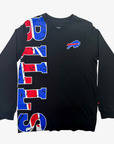 New Era Buffalo Bills black long sleeve T-shirt with oversized vertical red, white and blue BILLS lettering and team logo on chest