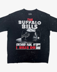 New Era Buffalo Bills black mineral wash T-shirt with distressed lettering, snapback hat graphic and Orchard Park details