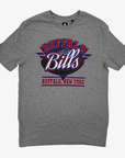 New Era Buffalo Bills heather gray short sleeve T-shirt featuring a distressed vintage Buffalo Bills graphic with red and blue accents.