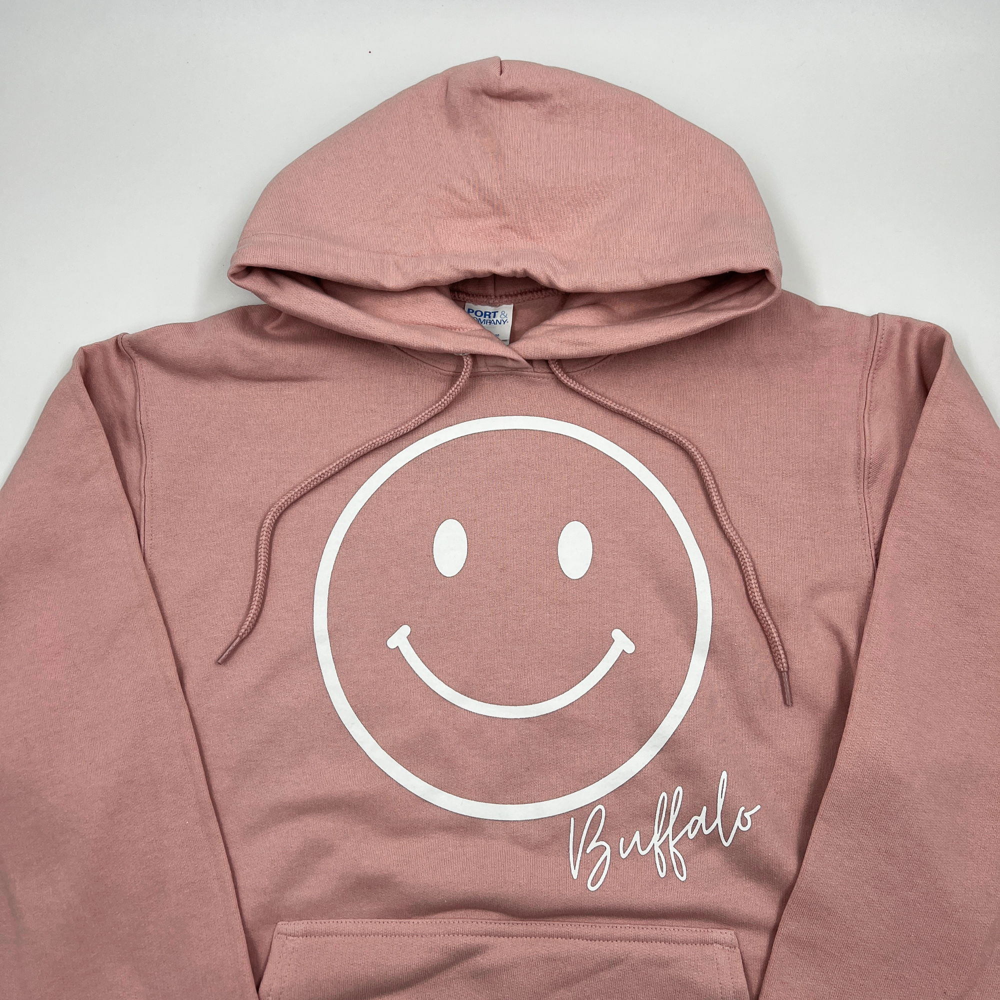 Smiley Face With Buffalo Wordmark Pale Blush Hoodie