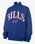 '47 Brand women's Buffalo Bills royal blue oversized mock neck crewneck sweatshirt featuring large white BILLS lettering outlined in red, charging buffalo logo, and ribbed cuffs.