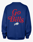 Back of '47 Brand Buffalo Bills women's royal blue oversized sweatshirt featuring large red Go Bills script lettering and a white charging buffalo logo.