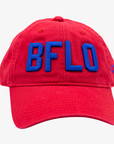 Red cap with blue 'BFLO' text on a white background