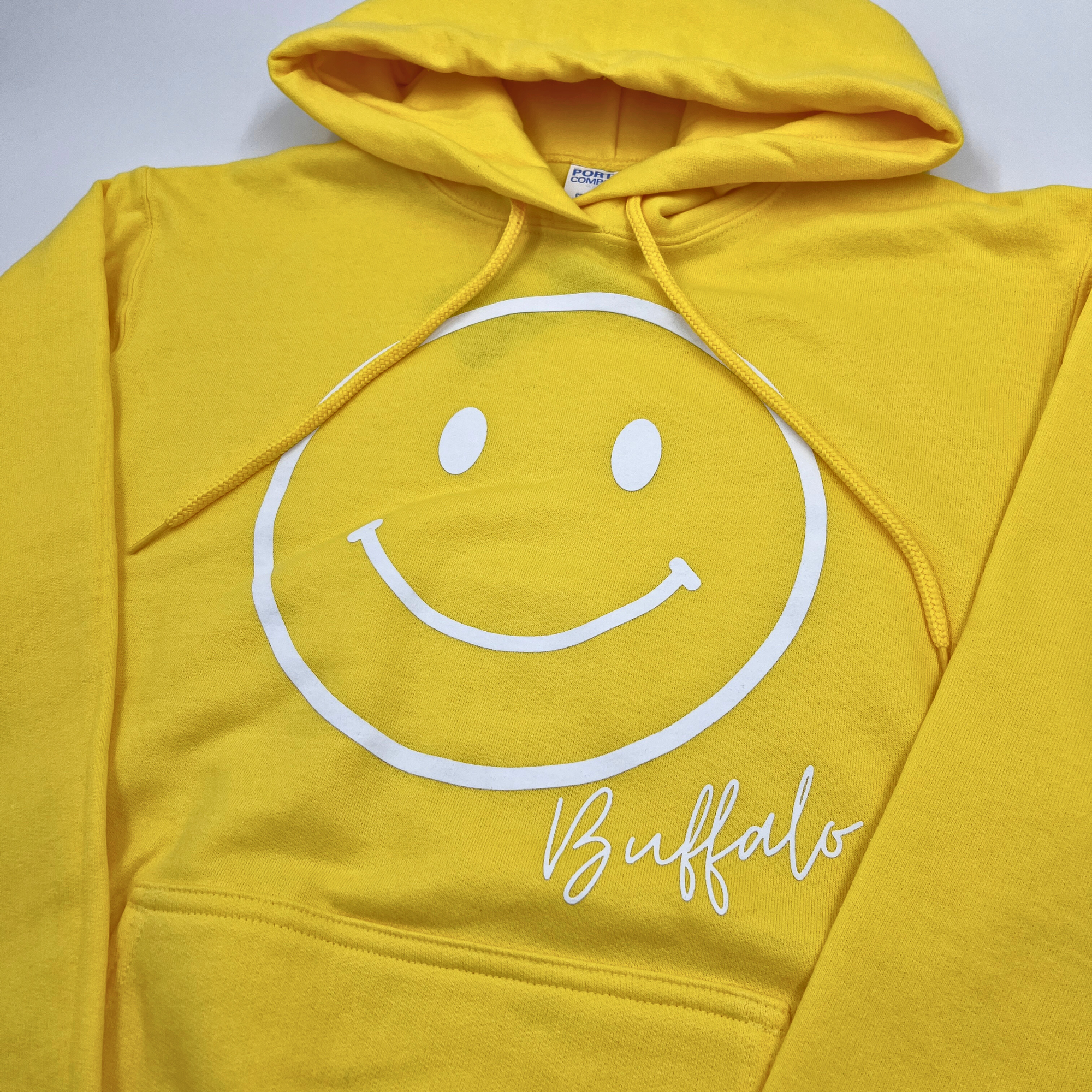 Smiley Face With Buffalo Wordmark Yellow Hoodie
