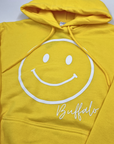 Smiley Face With Buffalo Wordmark Yellow Hoodie