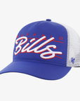 '47 Brand Buffalo Bills royal blue trucker hat with white embroidered Bills script, red accents, white cooling mesh panels, and curved visor.