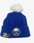 New Era Women's Buffalo Sabres royal blue cable knit pom hat with embroidered team logo