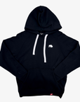 A black pullover hoodie with white drawstrings and a small white bison logo on the left chest, displayed against a light gray background.