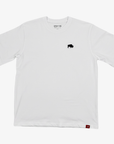 A white short-sleeve crewneck t-shirt with a small black bison logo on the left chest and a small red tag on the bottom right hem, displayed on a light gray background.