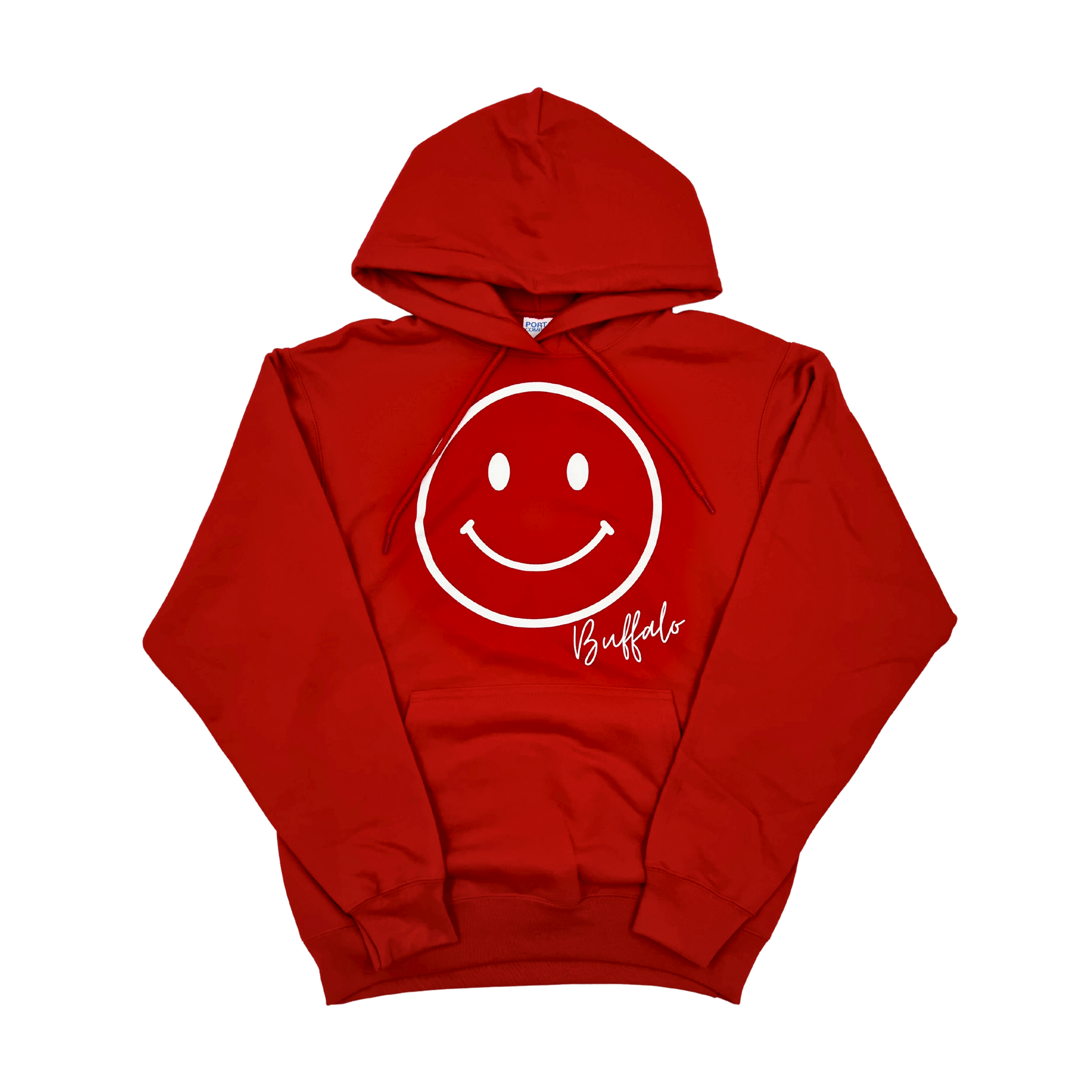 Smiley Face With Buffalo Wordmark Red Hoodie