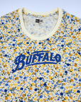 Women's New Era Sabres Royal & Gold Floral Cropped T-Shirt