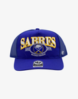 '47 Brand Buffalo Sabres royal blue Hitch adjustable trucker hat featuring embroidered SABRES lettering, crossed-swords logo, and blue mesh side panels.
