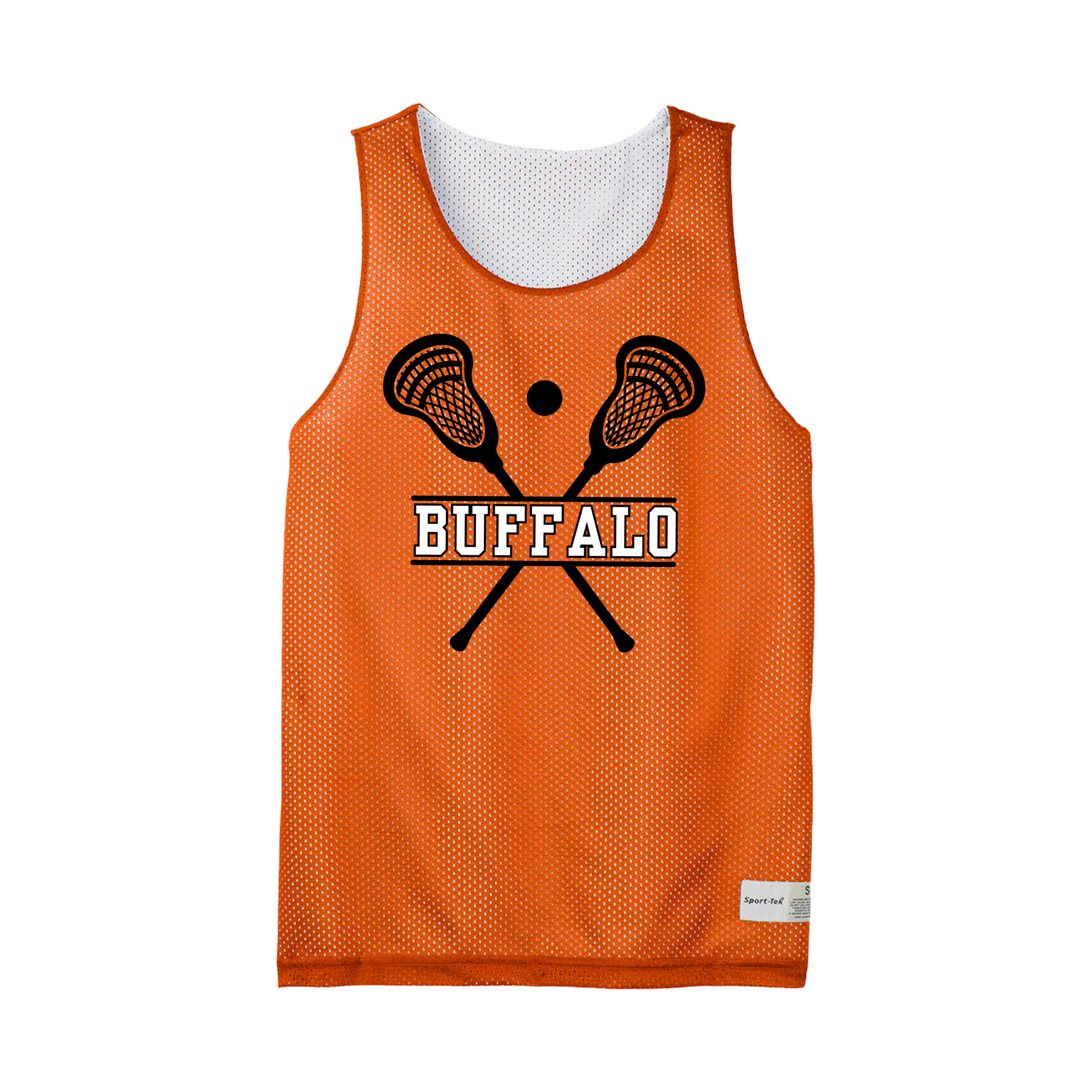 Buffalo Lacrosse Orange Tank Top Pinnie with 2 lacrosse sticks and a ball