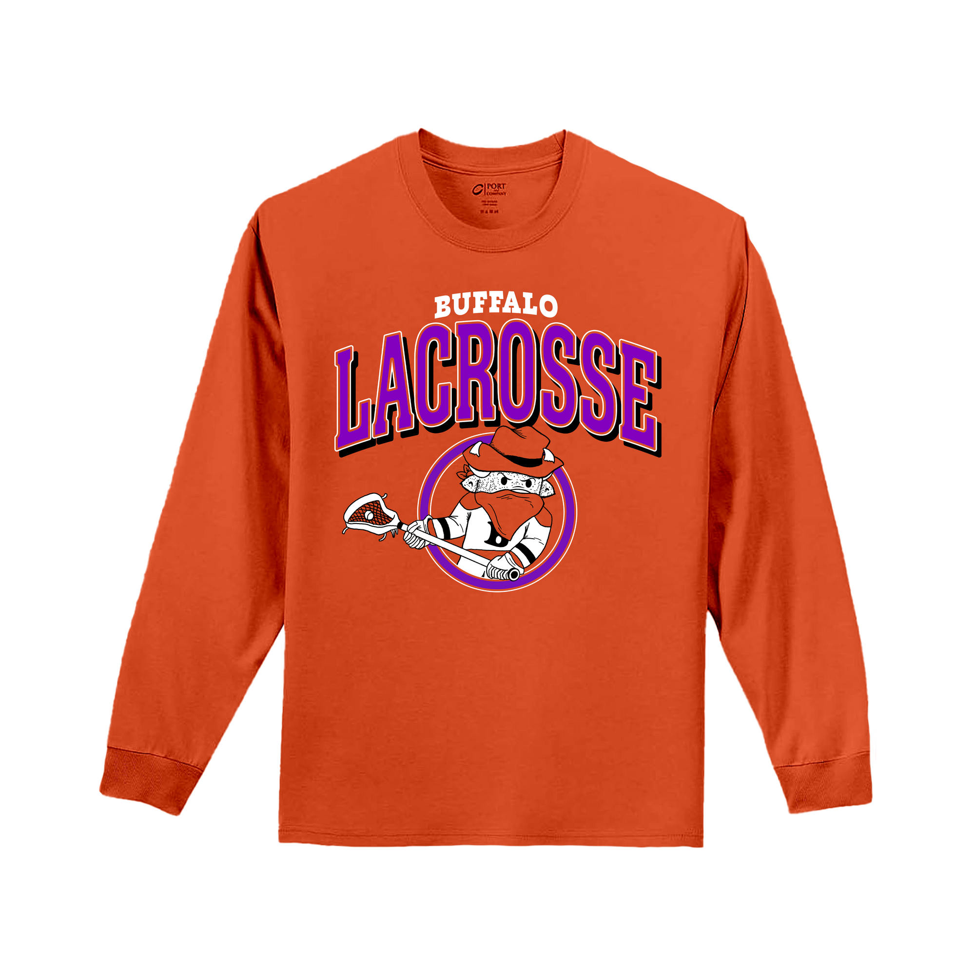 Youth Buffalo Lacrosse Orange Long Sleeve Shirt with a buffalo playing lacrosse drawing