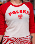 Women's Polska White & Red 3/4 Sleeves Baby Tee