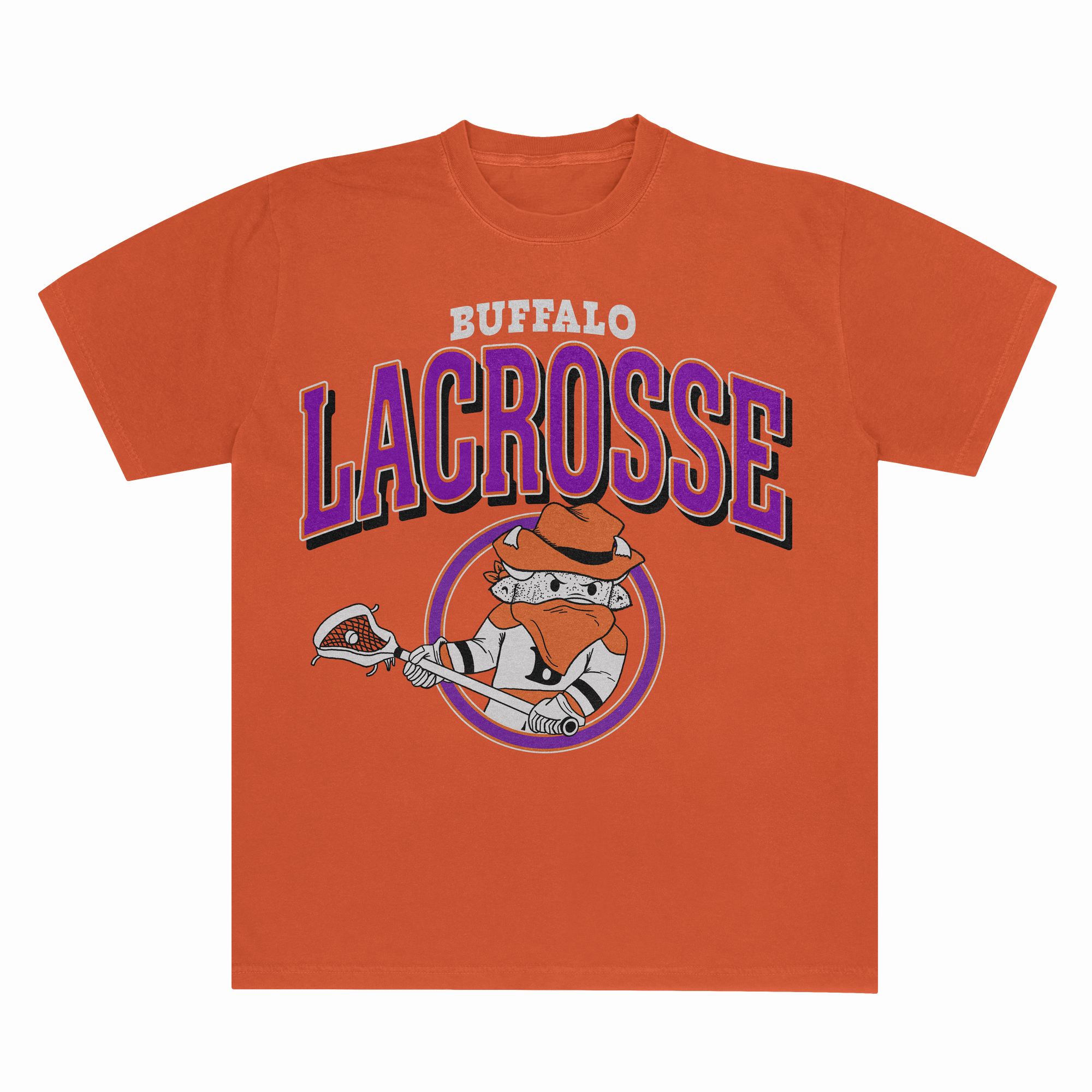 Buffalo Lacrosse Orange Short Sleeve Shirt with buffalo playing lacrosse drawing