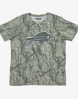 Buffalo Bills short-sleeve rash guard shirt featuring an allover olive green and gray woodland camouflage pattern, large tonal charging buffalo logo, and crew neckline.