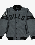 Starter Buffalo Bills charcoal gray and black varsity jacket featuring arched black BILLS lettering, AFC sleeve patch, black arm stripes, and snap-button front.