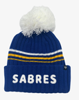 '47 Brand Women's Buffalo Sabres royal blue pom knit hat with white Sabres lettering and team logo