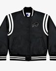 Buffalo Bills black Starter varsity jacket with white stripes and BILLS lettering on back